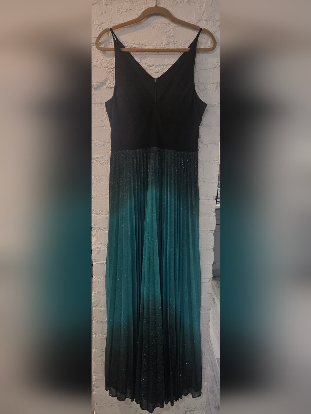 Betsy & Adam Pleated Glitter Black to Teal Ombre Gown